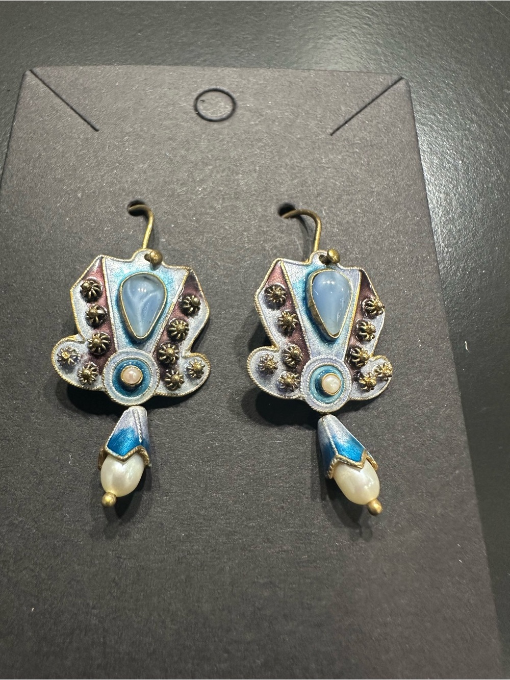 Handcrafted Blue Enamel and Pearl Drop Earrings - Women Jewelry